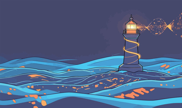Waves move around a lighthouse at night with light shining in the dark sky