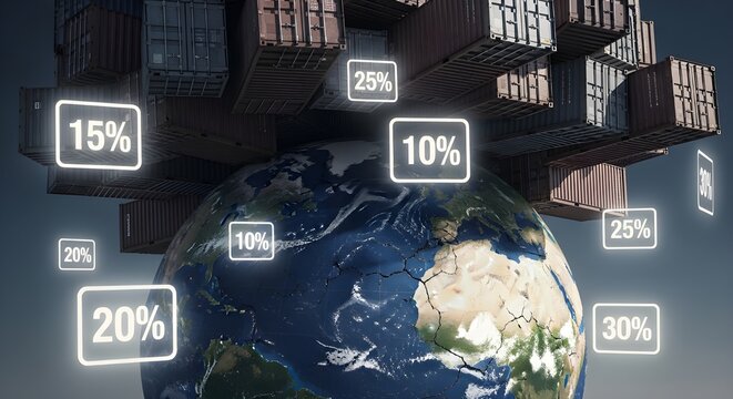 Shipping containers hovering above earth globe with tariff percentage icons, illustrating economic pressure from trade taxes, global market impact, and international supply chain stress.