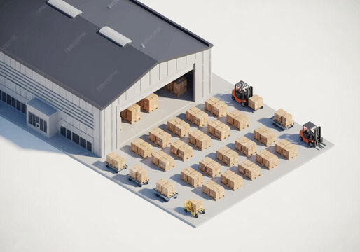 Industrial warehouse exterior with organized boxes and forklifts loading and unloading cargo