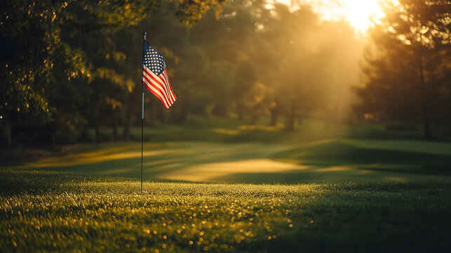 American Flag in Morning Light Over Peaceful Green Landscape