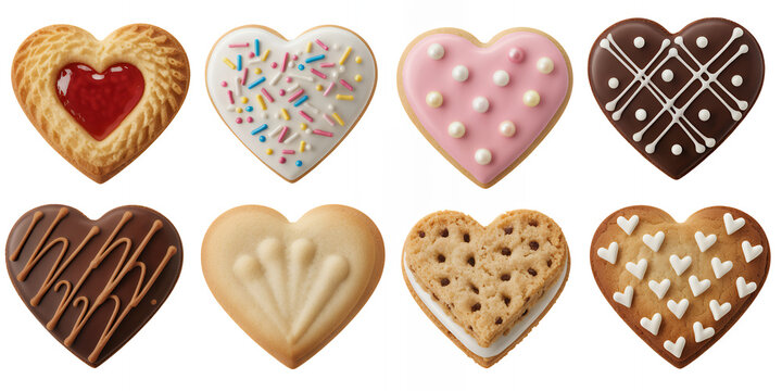 Assorted heart shaped cookies with various toppings and decorations