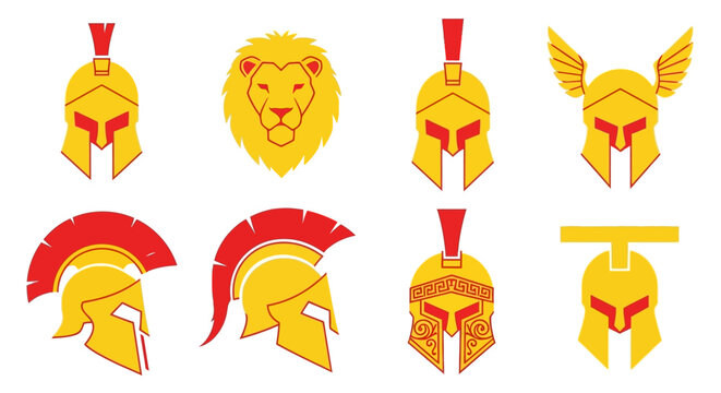 Bold vector set featuring ancient martial headgear and a regal lion symbol, embodying historical might, leadership, and valiant spirit