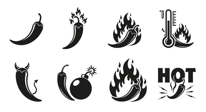 Dynamic Vector Icon Collection Illustrating Diverse Levels of Chili Pepper Hotness and Spicy Flavors with Flames, Bombs, and Thermometer Indicators
