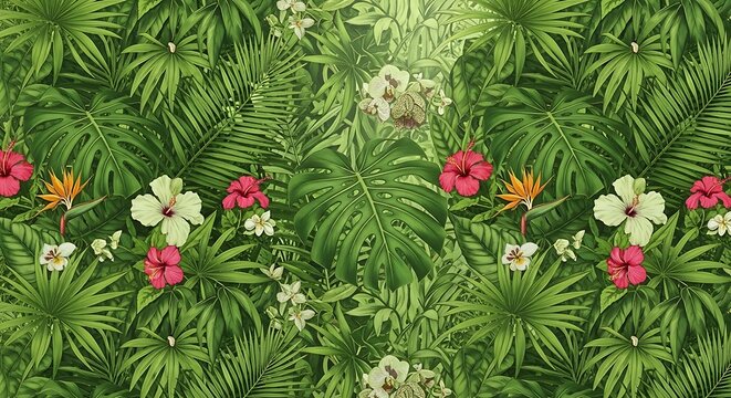 Lush tropical jungle inspired background filled with overlapping palm leaves, monstera leaves, and exotic flowers