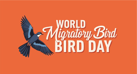 Obraz premium World Migratory Bird Day logo on orange background with blue bird in flight for conservation awareness campaign
