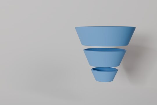 Blue funnel with 3 segments side view 3D render business workflow concept