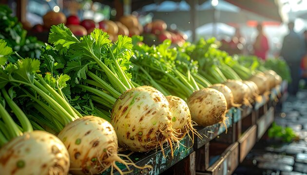 Close-up of celeriac and celery on display at a market stall, bathed in sunlight. Blurred shoppers in the background