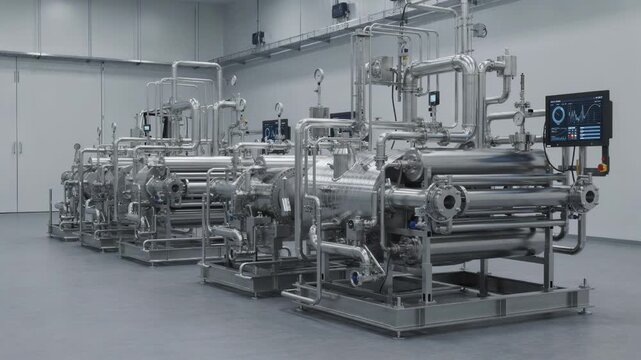 Medium shot of a modular continuous reactor train layout focusing on flexible tubular reactors paired with adaptable heat exchangers and digital control panels for scalable