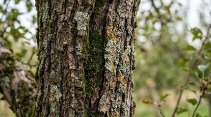Fototapeta premium Close-up of tree bark with green moss and lichen. Rough texture of a tree trunk in a forest. Nature and biology background