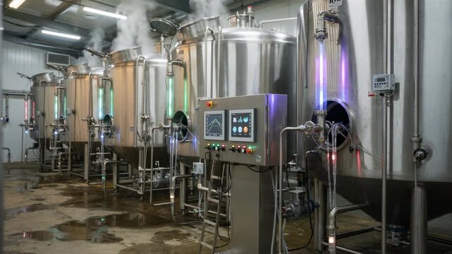 Medium shot of a multivessel mash cooking system with synchronized programmable controls adjusting enzyme addition and temperature across several tanks in a modern fermentation
