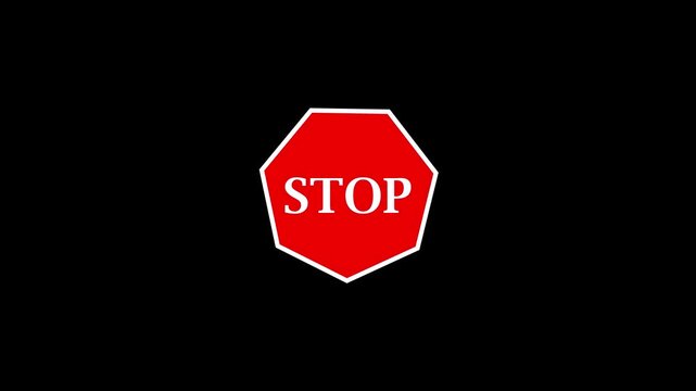 Red octagonal stop sign appearing on black background with white outline and bold text for traffic safety concept simple flat motion graphic animation showing warning message for drivers
