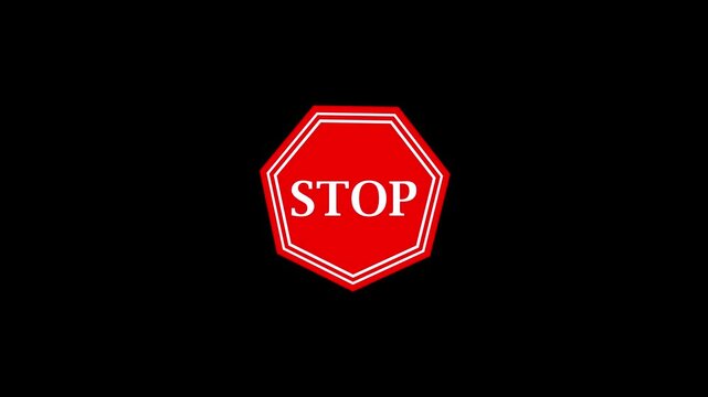 Red stop sign symbol motion graphic animation, octagon shape with white border and text stop, clean background footage for traffic warning