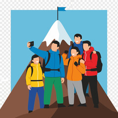 Fototapeta premium Group of people on mountain summit taking a selfie.