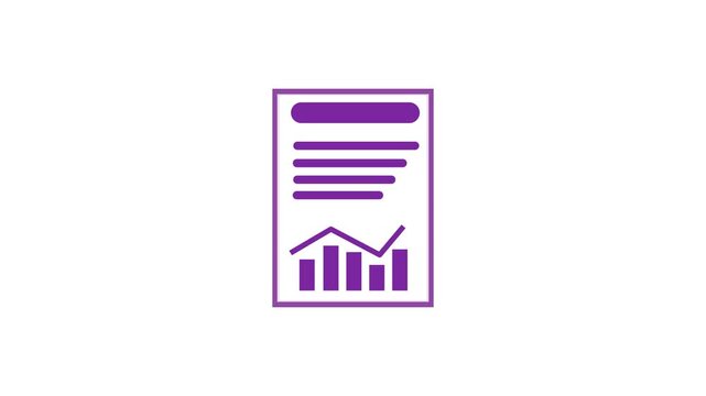 Animated purple outline icon showing a document with text, charts, and graphs appearing sequentially on a clean white background, representing data analysis and business reports in motion graphic clip