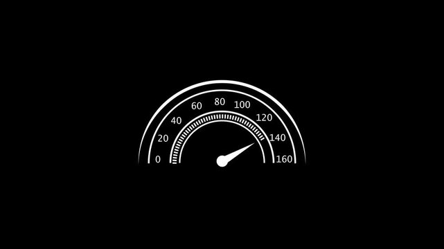 Abstract illustration of speedometer with white needle quickly rising from zero to maximum speed of 160 on black background, indicating rapid acceleration and velocity, motion graphics element
