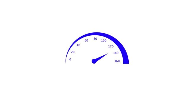 Blue speedometer animation showing increasing speed on white background represents performance and acceleration for automotive dashboard interface tracking velocity and power measurements