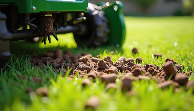 Lawn aerator machine creates soil plugs on green grass field. Machine aerates lawn for better grass growth and seed spreading. Yard work in progress.