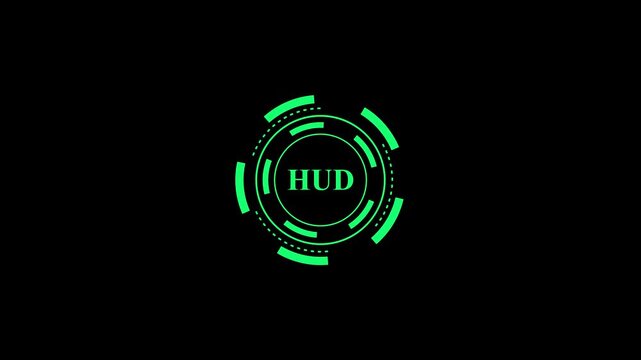 Hud word appearing with animated green concentric circles and dashes on black background, futuristic graphic user interface element, digital display, motion graphics
