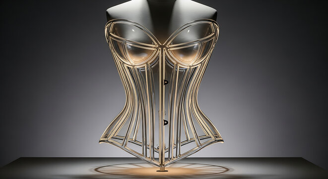 Sculptural golden wireframe corset displayed on a mannequin featuring intricate curved lines and a metallic cage structure for avant-garde fashion design and costume inspiration.