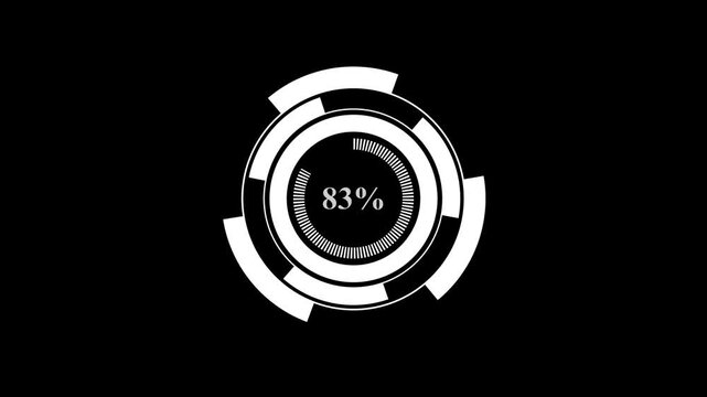 Futuristic loading circle graphic animates from eight to ninety one percent with white segments and pulsing light on black background