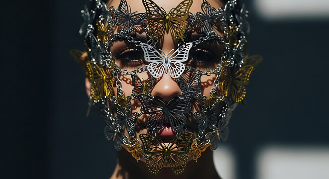  Frontal portrait of a model wearing a complex architectural face mask composed of metallic butterflies in silver and gold filigree for conceptual fashion and avant-garde beauty representation.