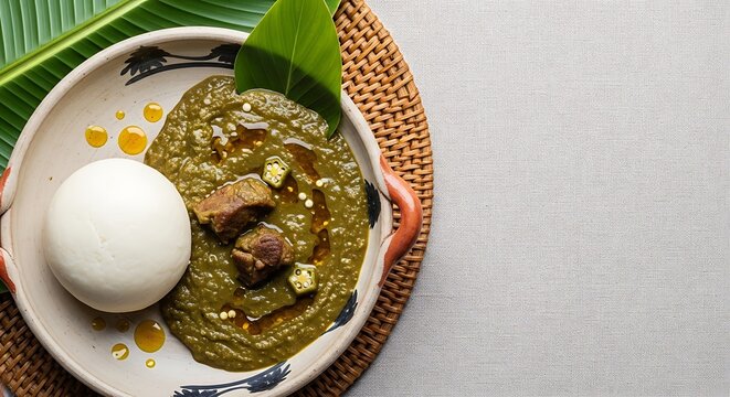 A smooth white ball of Cameroonian fufu (cassava dough) positioned center-left in a shallow handmade clay bowl