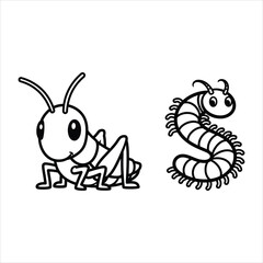 Obraz premium Cute Grasshopper and Centipede Coloring Page Vector Illustration.