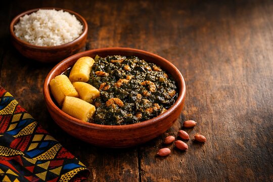 A deep artisanal terracotta ceramic bowl with Cameroonian ndol&eacute; &mdash; a dense stew of dark green vernonia leaves cooked with dried shrimp and peanut paste, slightly glistening from red palm oil. 