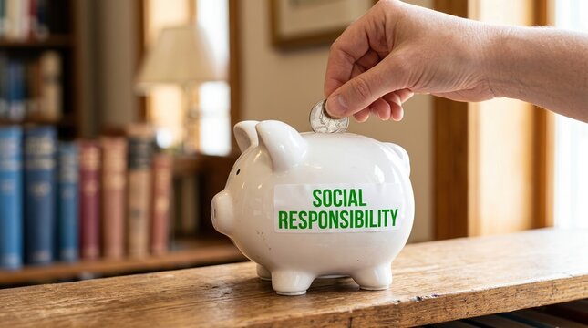 Social responsibility, piggy bank, charity, donation, investment, saving, philanthropy concept with a hand putting a coin in for ethical funding and sustainable community impact.