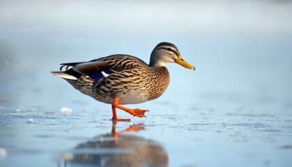 Fototapeta premium Mallard duck walks on icy surface with water reflections. Bird has brown patterned feathers and bright orange feet. It is winter, nature scene shows a wild animal.