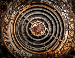 Fototapeta premium Close-up of circular, metallic detail with concentric rings, intricate patterns, and signs of weathering. Rust is present