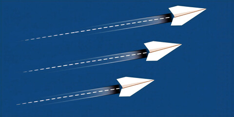 Three white paper airplanes flying in parallel with dotted trail lines behind them illustration