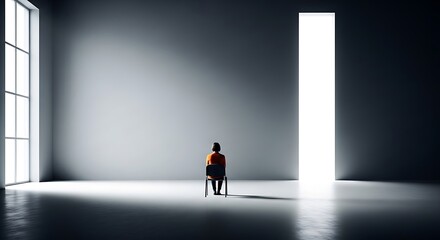 Fototapeta premium A person sits alone in a dimly lit room with a bright doorway