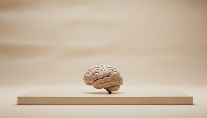 Naklejka premium brain conceptual mind intelligence psychology human brain anatomy presented on a wooden platform in a minimalist beige studio setting for science and mental health concepts.