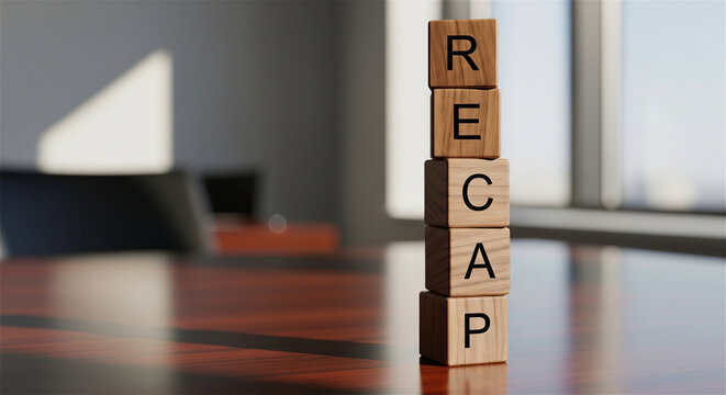 RECAP word on wooden blocks in office setting, business summary concept with wood cubes, annual report recap and meeting review