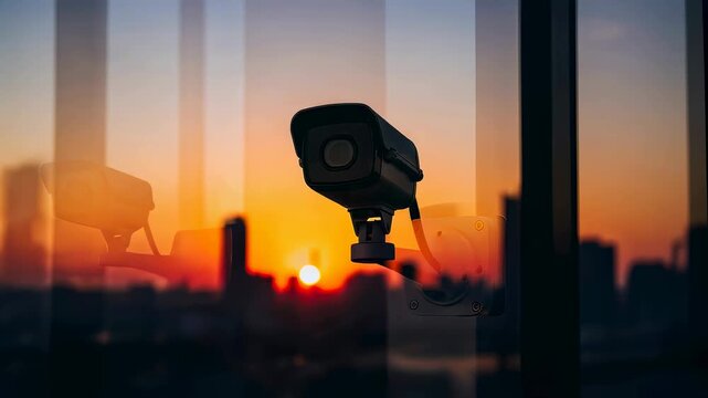 Security camera overlooking city skyline with sunset, representing urban surveillance and modern protection technology