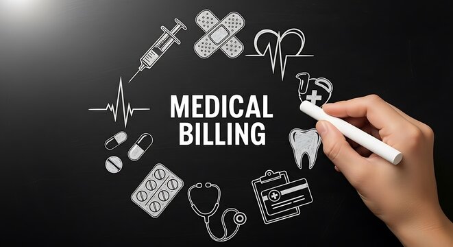 A hand drawing medical billing icons on a blackboard with a white chalk