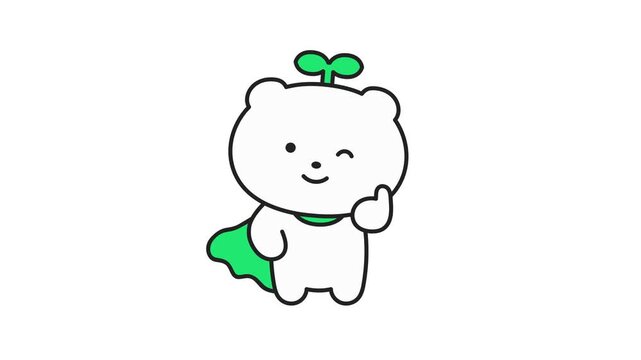 Cute eco friendly white bear character with green cape and sprout thumb 4k 30fps looed animation video