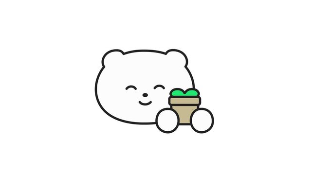 Cute eco friendly white bear character hold flowerpot with sprout 4k 30fps looed animation video