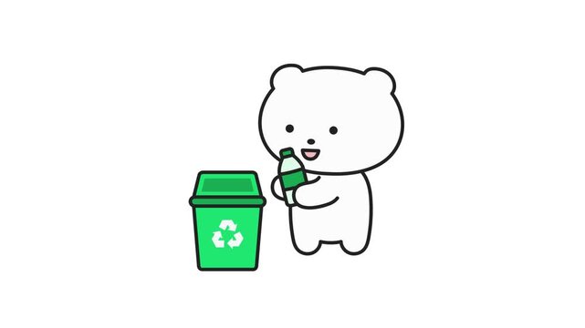 Cute eco friendly white bear character throw away plastic bottle 4k 30fps looed animation video