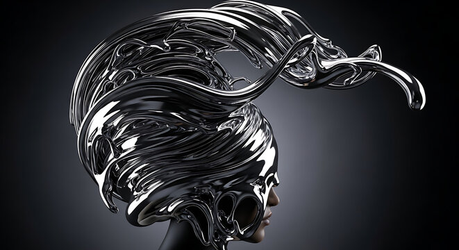 Side Profile Portrait of a Woman Wearing an Avant-Garde Liquid Chrome Metallic Headpiece with Sculptural Swirls and Fluid Silver Shapes for a Futuristic High Fashion Concept and Artistic Design.