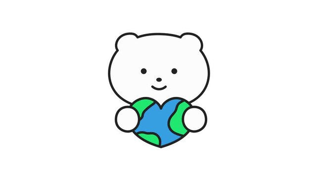 Cute eco friendly white bear character hold heart globe 4k 30fps looed animation video