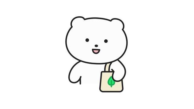 Cute eco friendly white bear character with ecobag 4k 30fps looed animation video