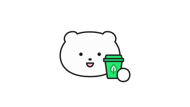 Cute eco friendly white bear character hold tumbler 4k 30fps looed animation video