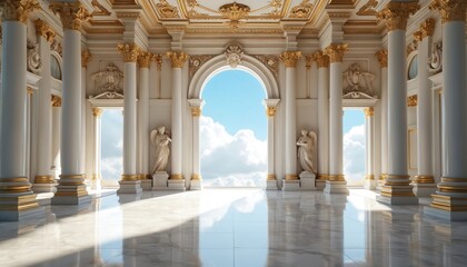 Obraz premium Grand marble hall with white columns ornate gold decor. Archways open to bright sky clouds. Statues flank central passage. Luxurious interior.