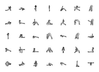 Naklejka premium Yoga Pose icon set. Vector illustration pack featuring Revolver, Tree, Warrior, Plank, Pigeon, Mountain, Twist, Bow, Half Moon and more yoga positions.