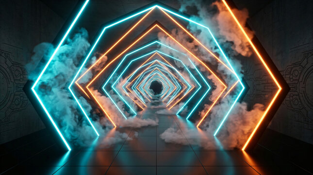 A futuristic corridor with a long perspective, illuminated by glowing orange and cyan hexagonal neon lights and filled with ethereal smoke