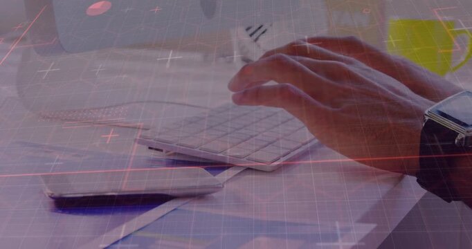Hands hovering then typing on keyboard at tech desk, editing report with animated grid over hands