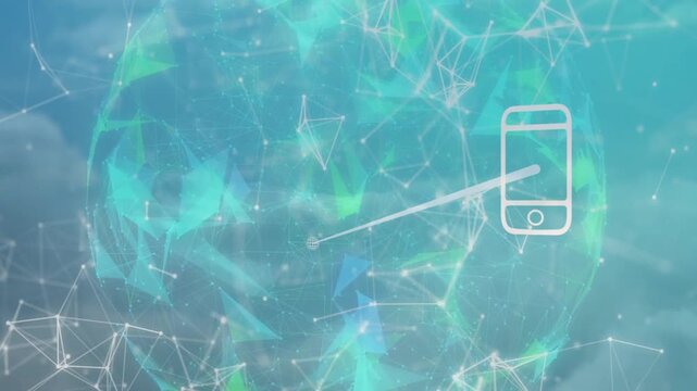 Smartphone icon appearing, polygonal globe pulsing, icons linking lines visualizing tech data flow