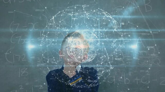Student reacting to hologram appearing over head touching chin crossing arms studying math on board